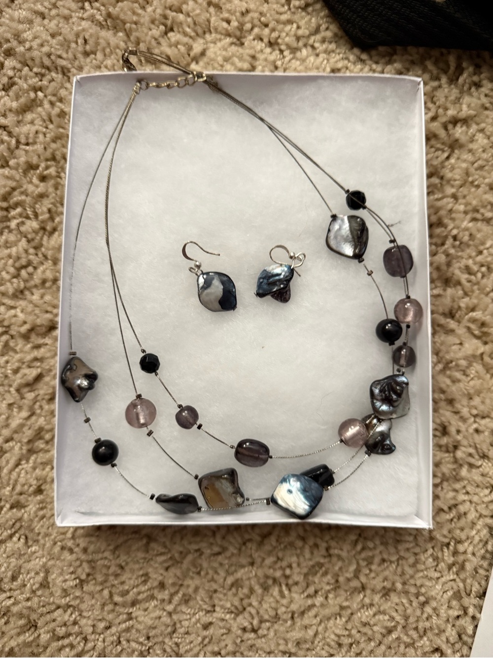 Triple-Strand Iridescent Gray & Purple Bead Necklace with Matching Earrings